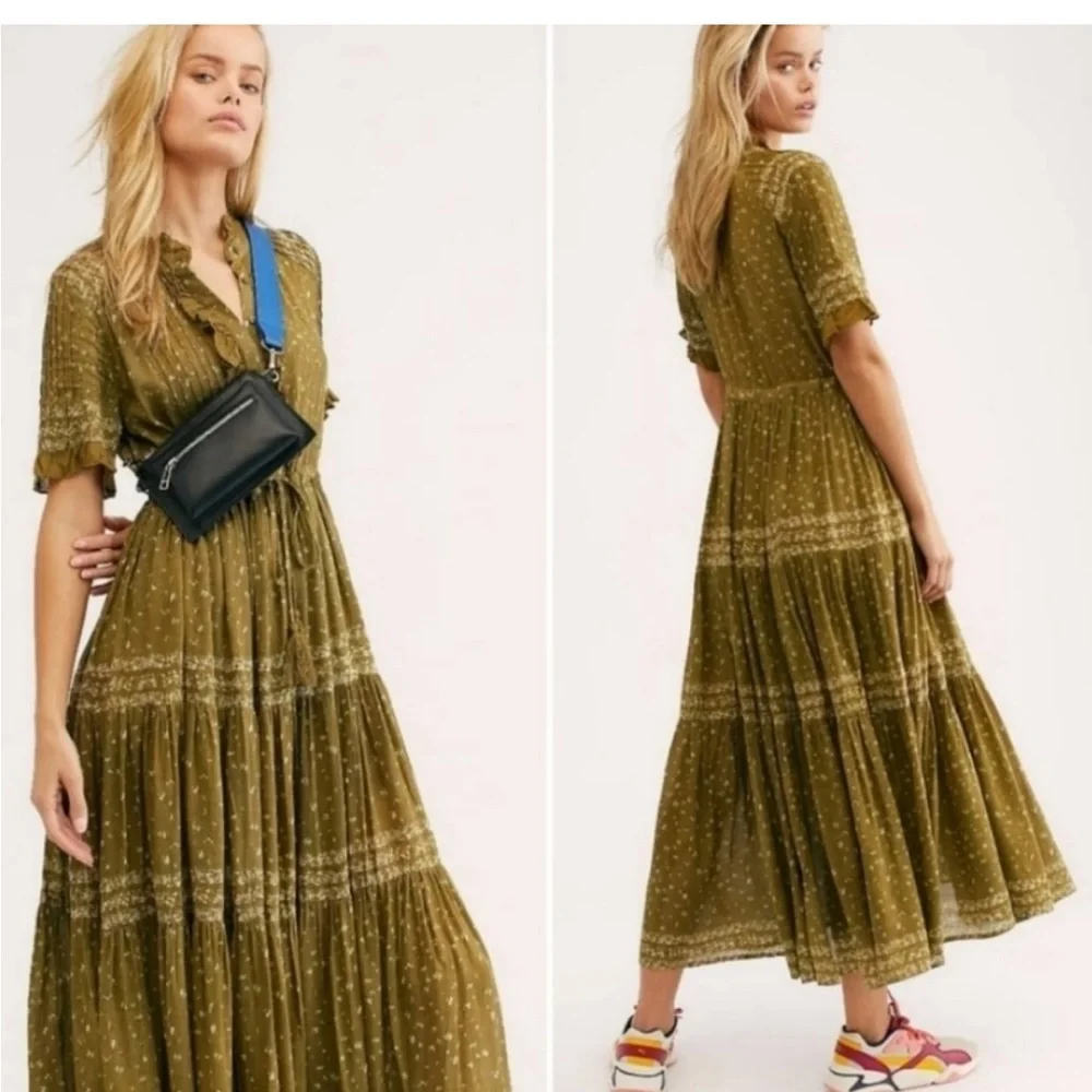 Free People Rare Feeling Maxi Dress Green Kiwi Combo Cottagecore Womens‎ Size XS